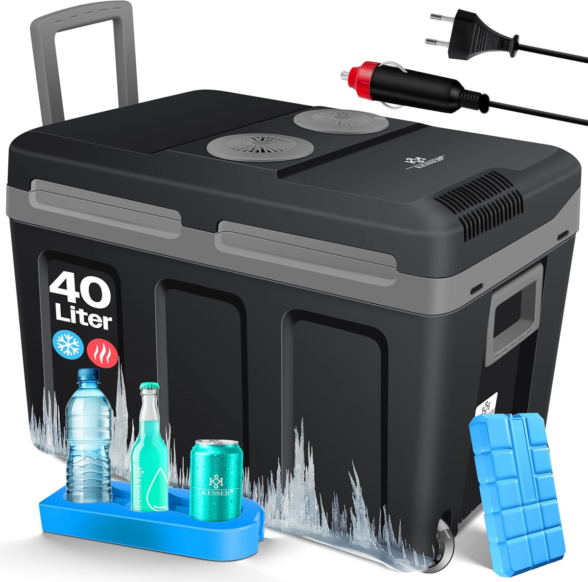 KESSER Kühlbox 40L mit Rollen, 12 & 230V, Mini-Kühlschrank mit ECO & MAX Modus, Thermobox für Auto, Thermo-Elektrische Kühlbox, KÜHLT und WÄRMT