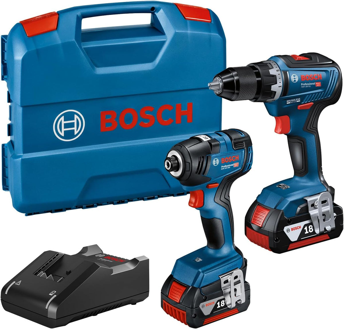 Bosch Professional 18V System Combo Kit: Akku Drehschlagschrauber GDR 18V-200 + Akku Bohrschrauber GSR 18V-55 (inkl. 2x 4.0Ah Akku, L-Case), 18V-40