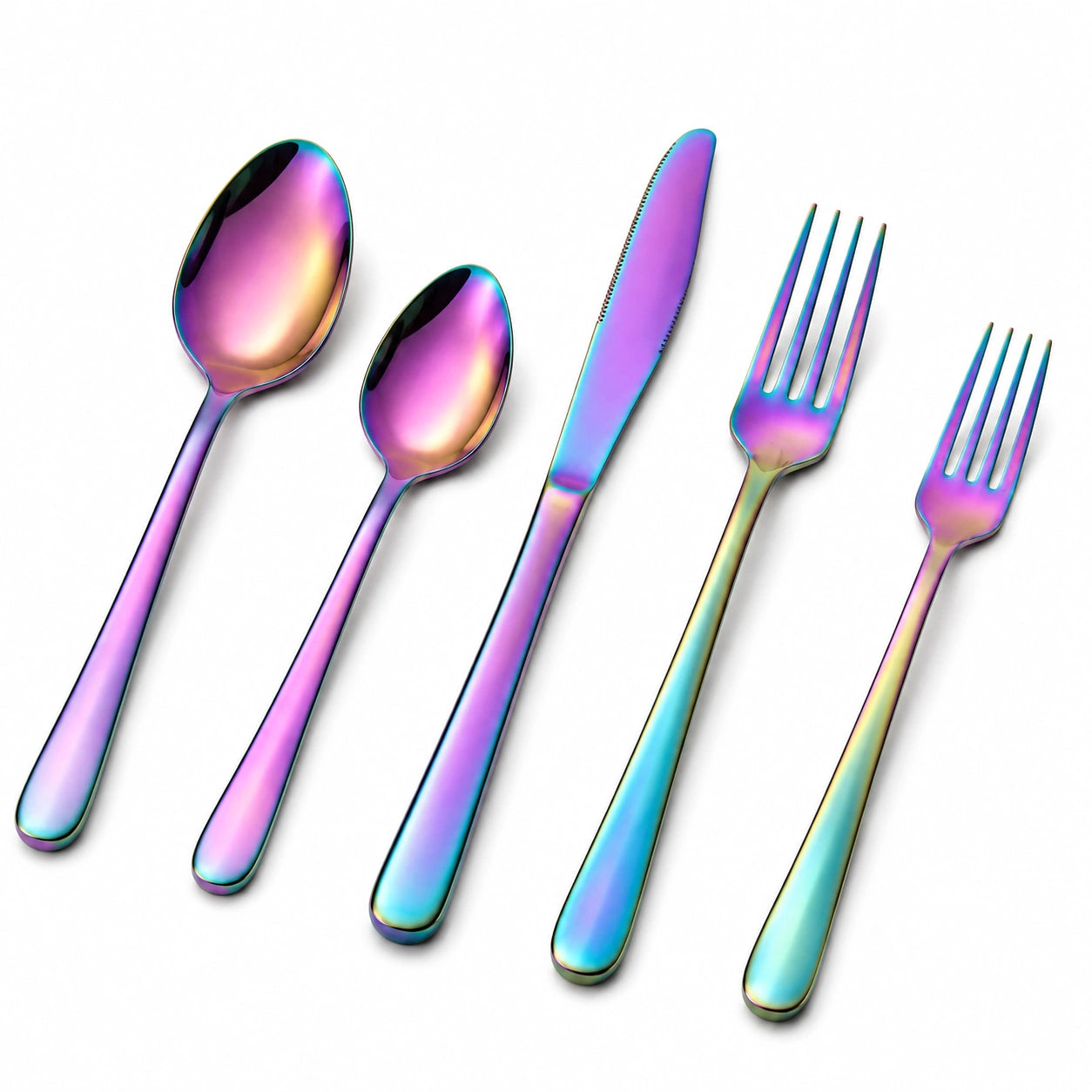 5-teiliges Besteckset 20 cm aus Edelstahl in Violett Blau Gold Grün schillerndes Tafelbesteck