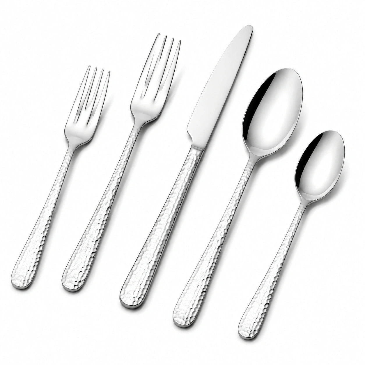 Besteckset 5-teilig Edelstahl Silber mit gehämmerten Griffen