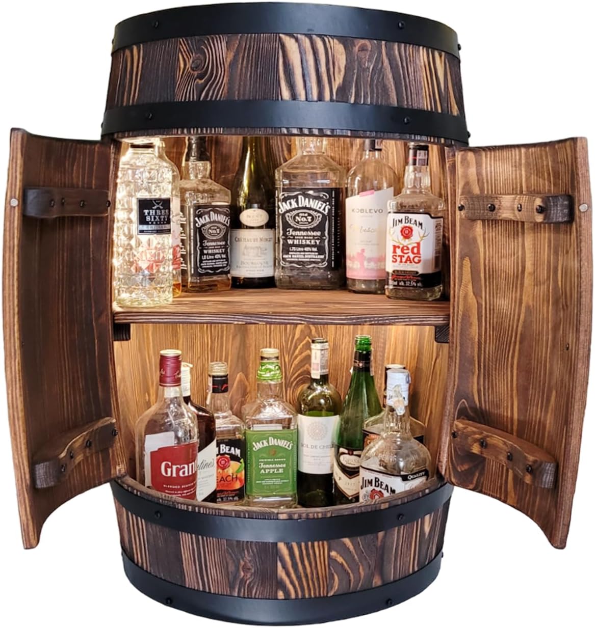 weeco Holzfass gebürstetes Holz mit LED Beleuchtung, Fassbar mit tür 82x50cm, Flasche Halter Tisch, Geschenk für einen Mann, Wein Rack
