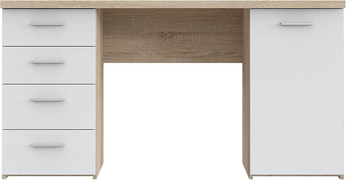 Forte NET106 Schreibtisch 145, 145 cm breit x 60 cm tief x 76,3 cm hoch, Moderner Schreibtisch mit 4 Schubladen und 1 Tür, Home Office, Büro