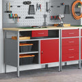 Werkbank mit Schubladen mit Regal Rot und Grau 100 x 55 x 85 cm, Stahl Arbeitstisch mit Holzplatte, Werkstatt Packtisch mit Stauraum, Ordnungssystem