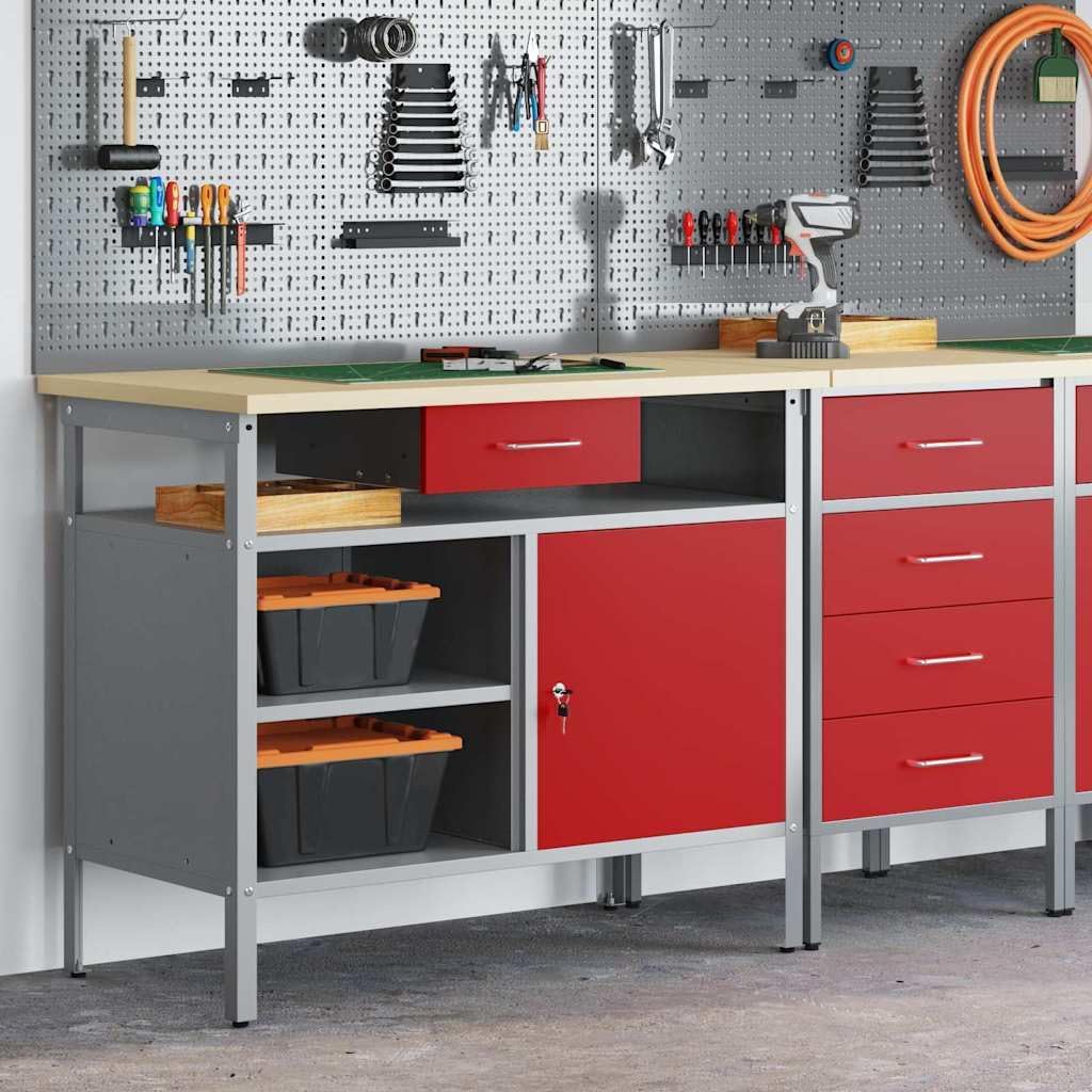 Werkbank mit Schubladen mit Regal Rot und Grau 100 x 55 x 85 cm, Stahl Arbeitstisch mit Holzplatte, Werkstatt Packtisch mit Stauraum, Ordnungssystem