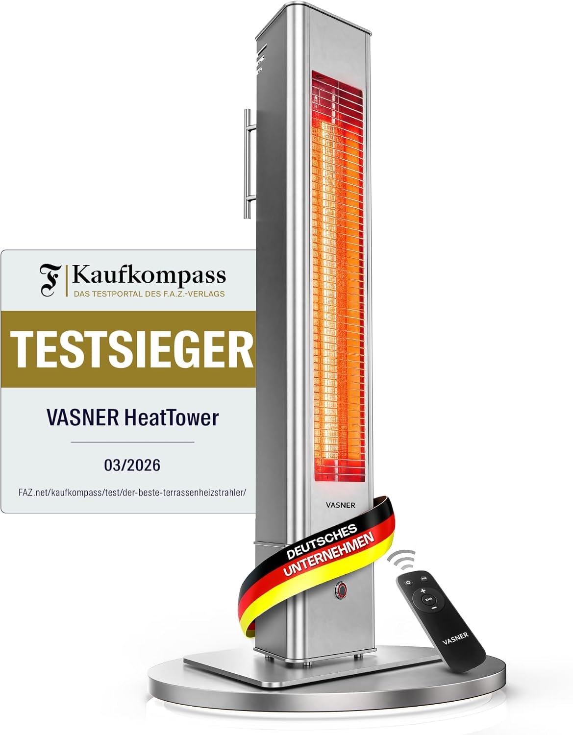 VASNER HeatTower Wärmestrahler, Heizstrahler Terrasse elektrisch 4 Heizstufen, Elektro Heizstrahler Outdoor, Infrarot Standheizstrahler 2500 Watt