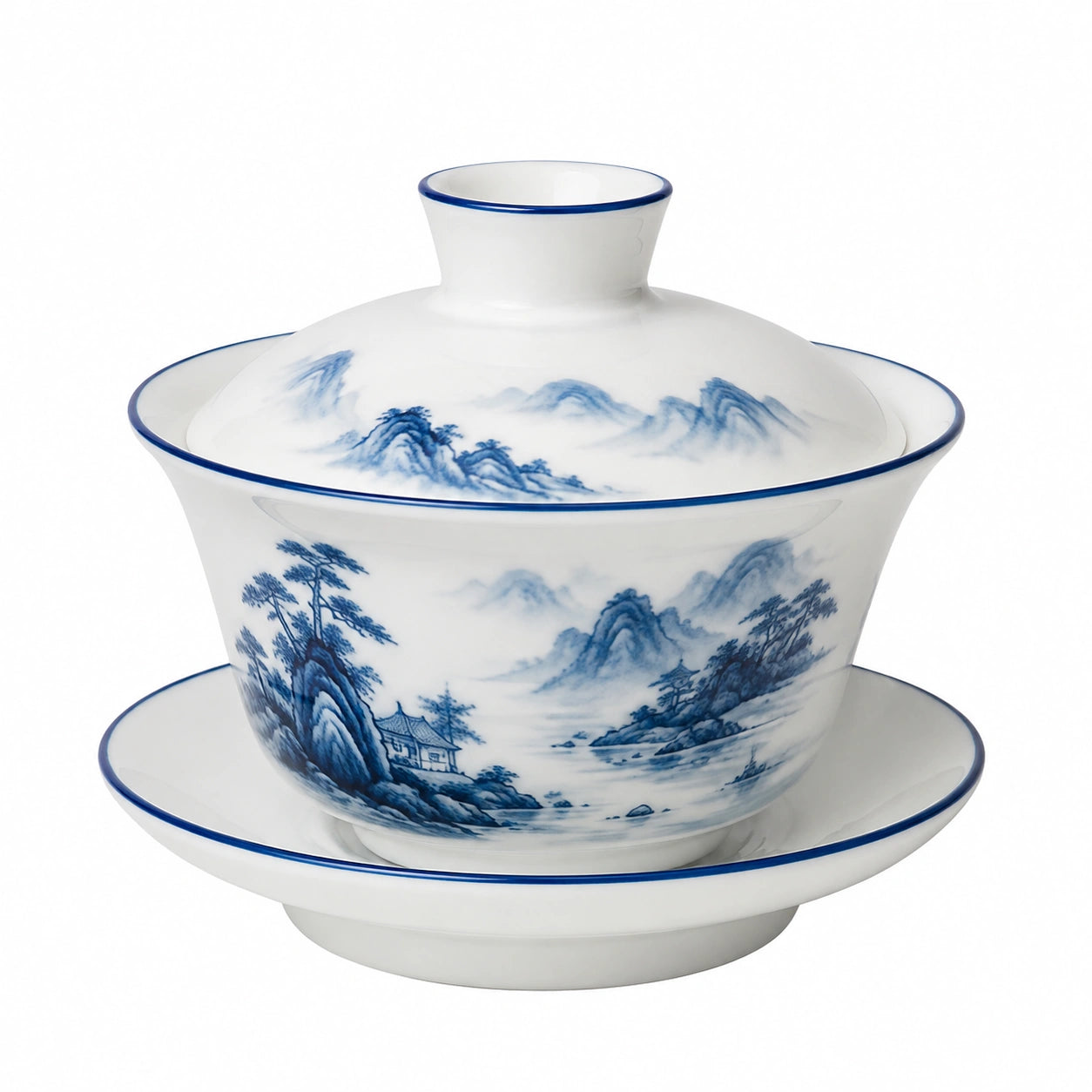Teeschale mit Deckel 150 ml Porzellan Weiß Blau Landschaftsmotiv