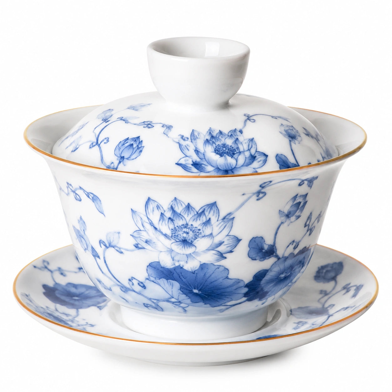 Porzellan Gaiwan 180 ml Weiß Blau mit Lotusmuster Deckel und Untertasse