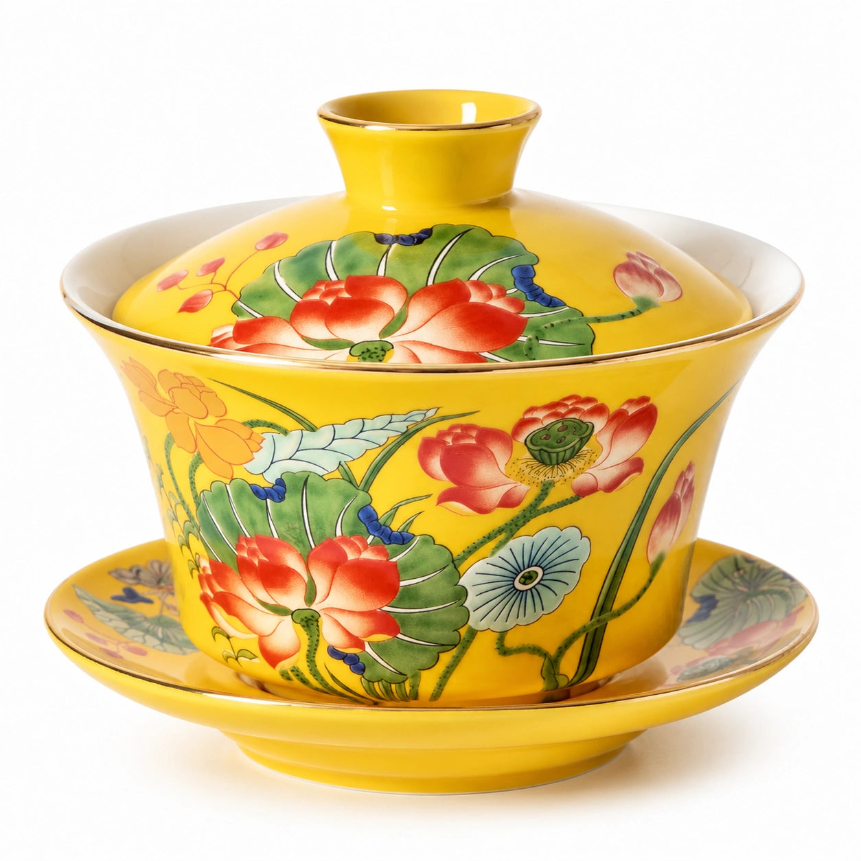 Porzellan Gaiwan 150 ml Gelb mit Blütendekor für Tee