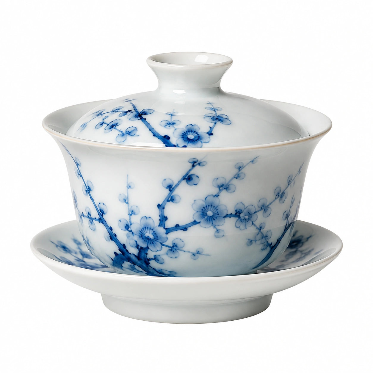 Porzellan Gaiwan 180 ml Weiß Blau mit Blütenzweig Dekor für Teezeremonie