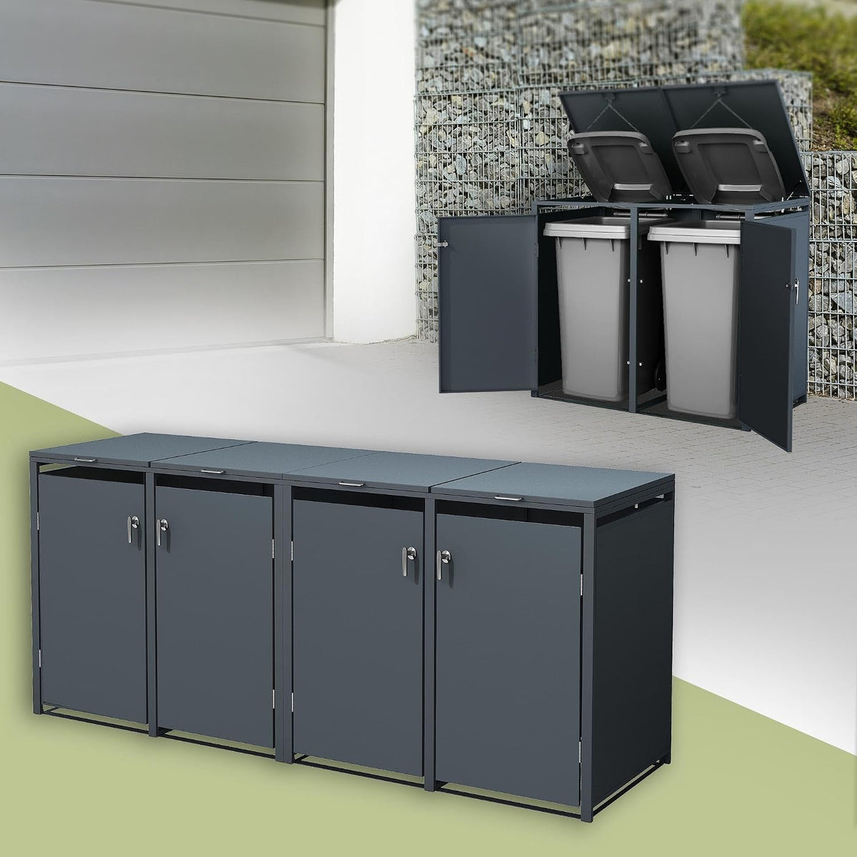 ML-Design Mülltonnenbox 4er für 4 Tonnen 240L 264x80x116,3 cm, Abschließbare Mülltonnenverkleidung mit Klappdeckel/4 Türen, Anthrazit, Stahl