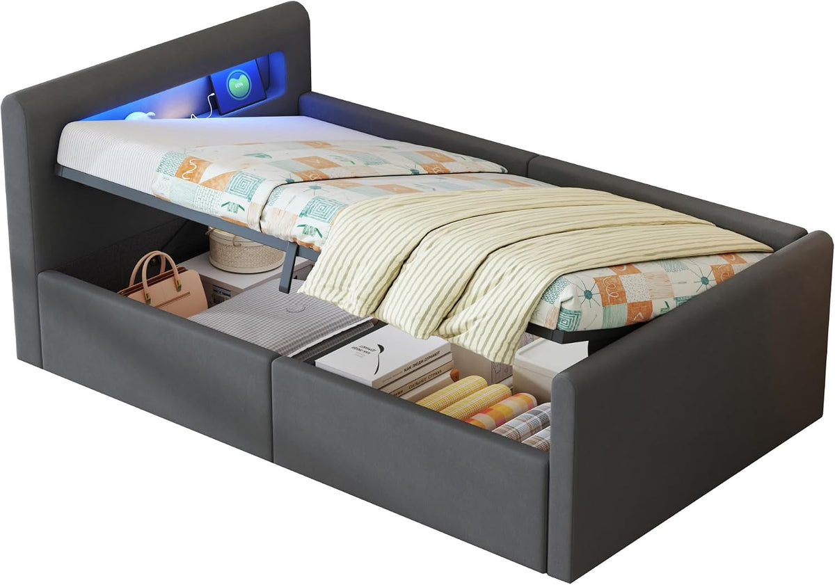 okwish Kinderbett 90x200 Polsterbett mit LED, USB & Bettkasten, Dunkelgrau