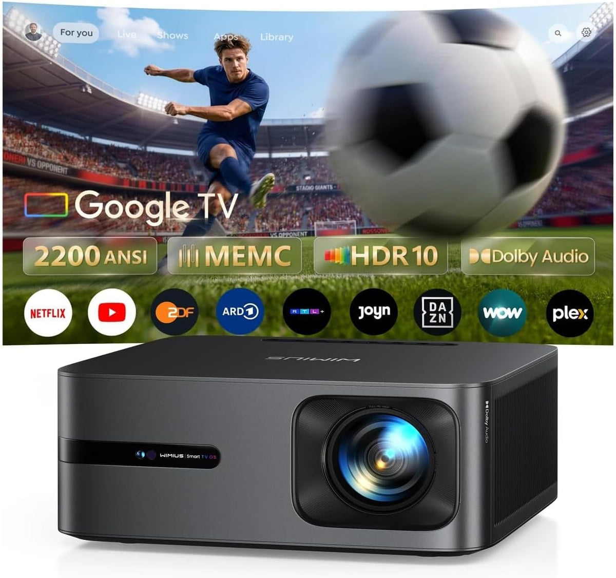 Beamer 4K für Google TV 14.0 & Gemini, HDR10, 2+32GB, WiFi BT Full HD 1080P Projektor Decke, 40W Dolby Audio, 2200 ANSI, MEMC, HDMI 2.1