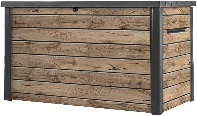 Keter Ontario Auflagenbox/Kissenbox 870 Liter | 100% Wasserdicht mit Belüftung dadurch kein übler Geruch/Schimmel Moderne Holzoptik | Deckel
