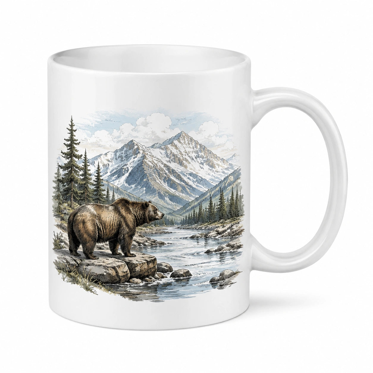 Keramiktasse 330 ml Weiß mit Bären Bergmotiv - Henkelbecher für Heißgetränke