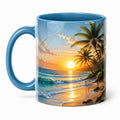Keramiktasse 330 ml Blau mit Strand Sonnenuntergang Motiv für Heißgetränke
