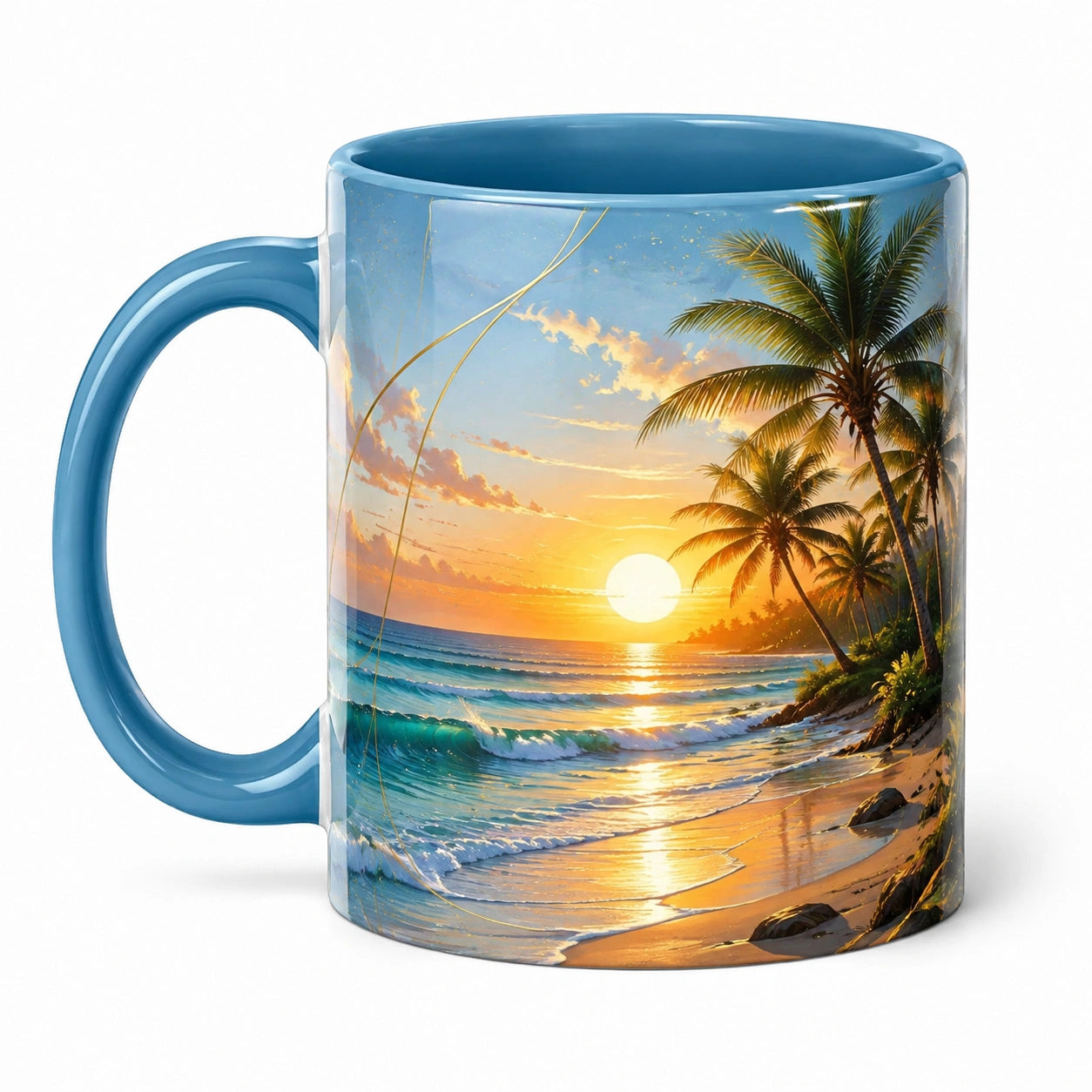 Keramiktasse 330 ml Blau mit Strand Sonnenuntergang Motiv für Heißgetränke