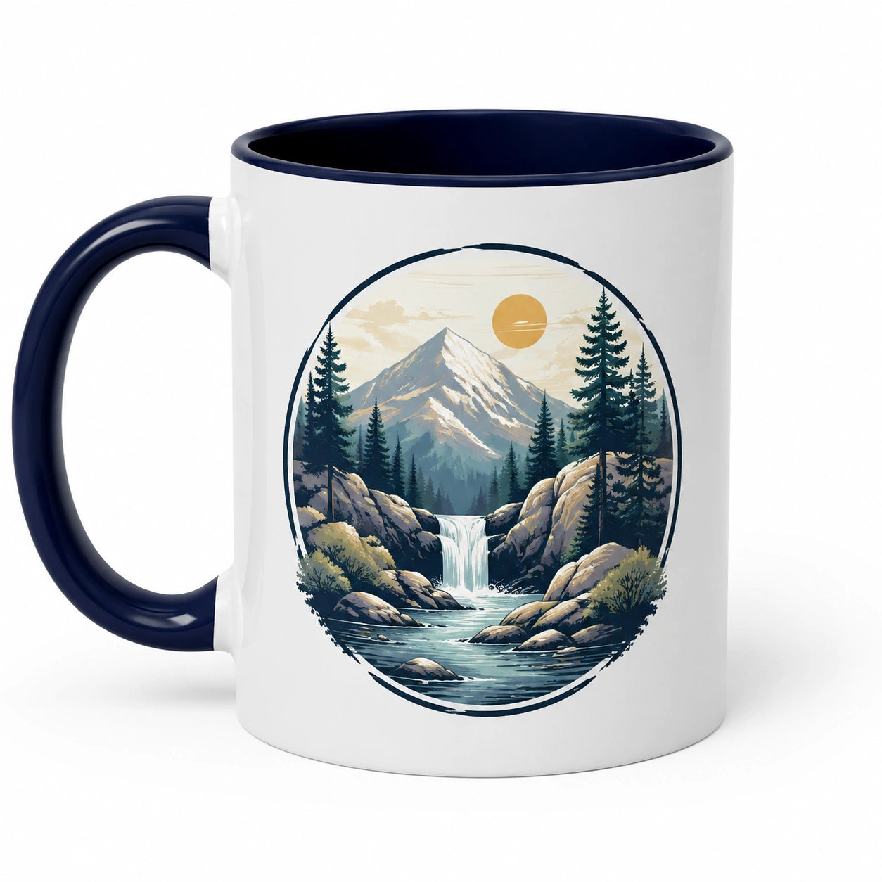 Keramiktasse 330 ml Weiß Dunkelblau für Heißgetränke mit Berglandschaft Motiv