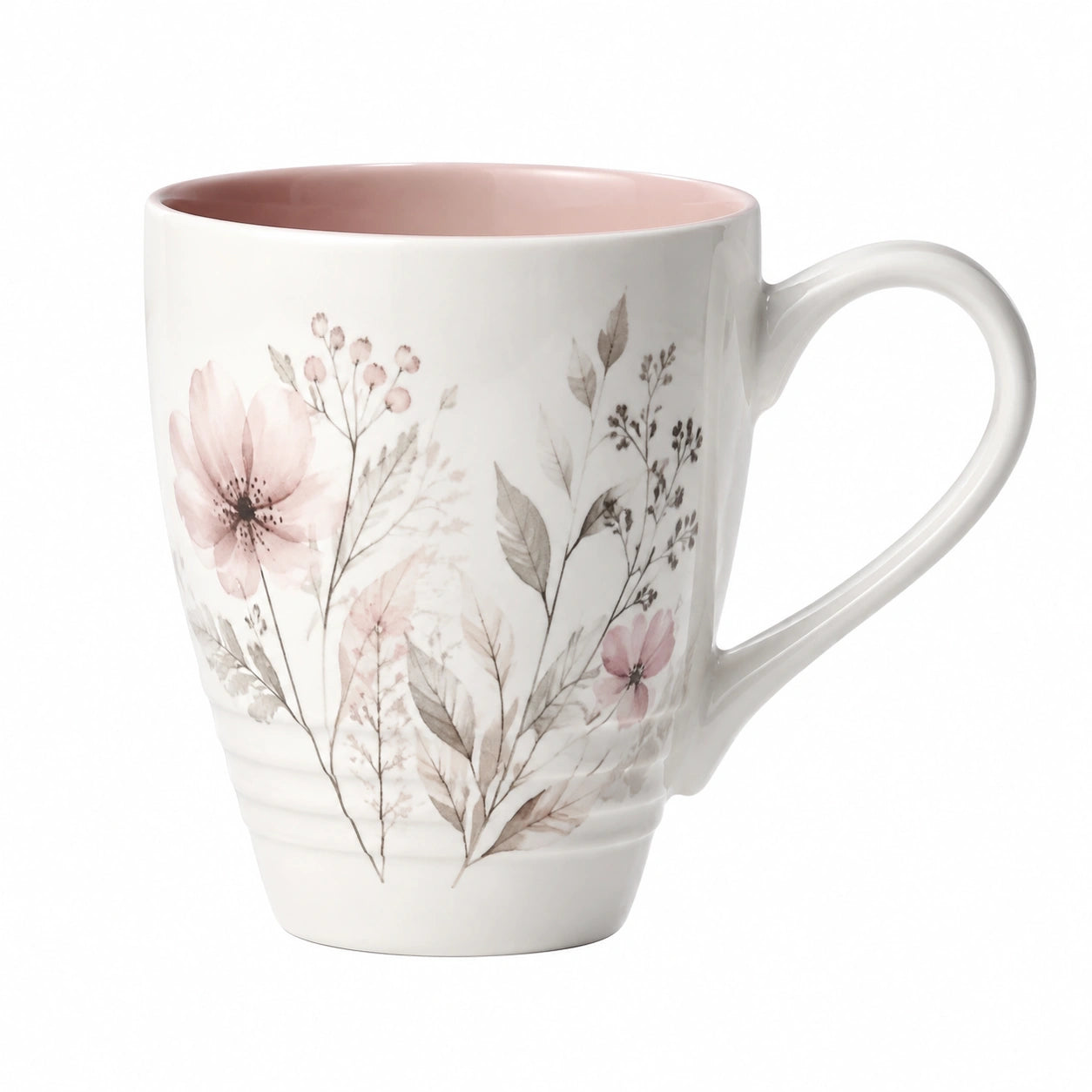 Keramiktasse 350 ml Weiß Rosa mit Blumenmotiv für Heißgetränke