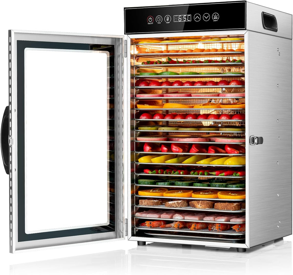 Kwasyo Gewerblicher Dörrautomat 18 Etagen, 800W Edelstahl Lebensmittel Dehydrator mit 360° Luftzirkulation, Große Kapazität für Fleisch, Obst, Gemüse