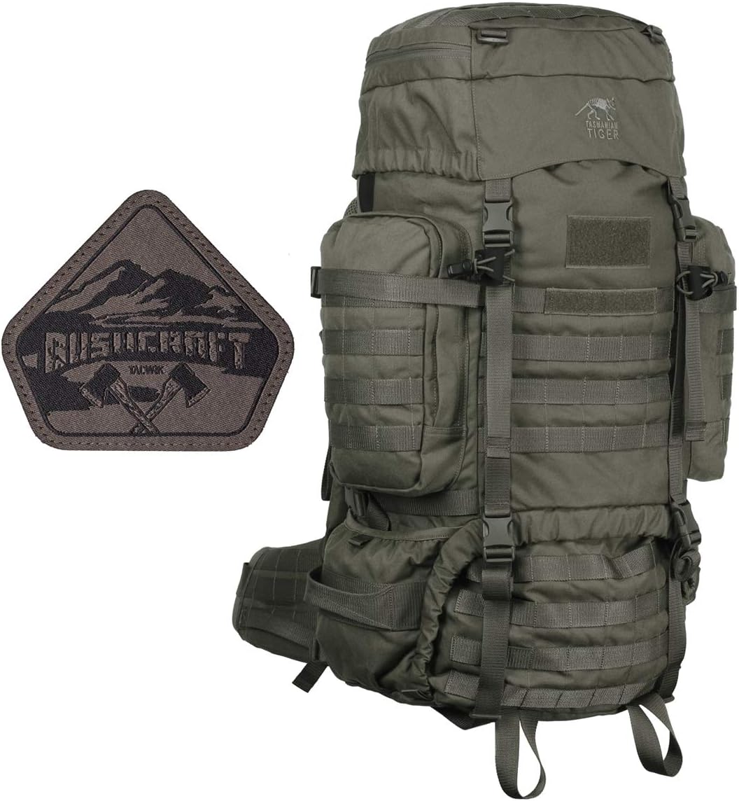TACWRK x Tasmanian Tiger TT Raid Pack MK3 Oliv mit gratis Bushcraft Patch, 52L Militär Outdoor Rucksack mit abnehmbarem Hüftgurt