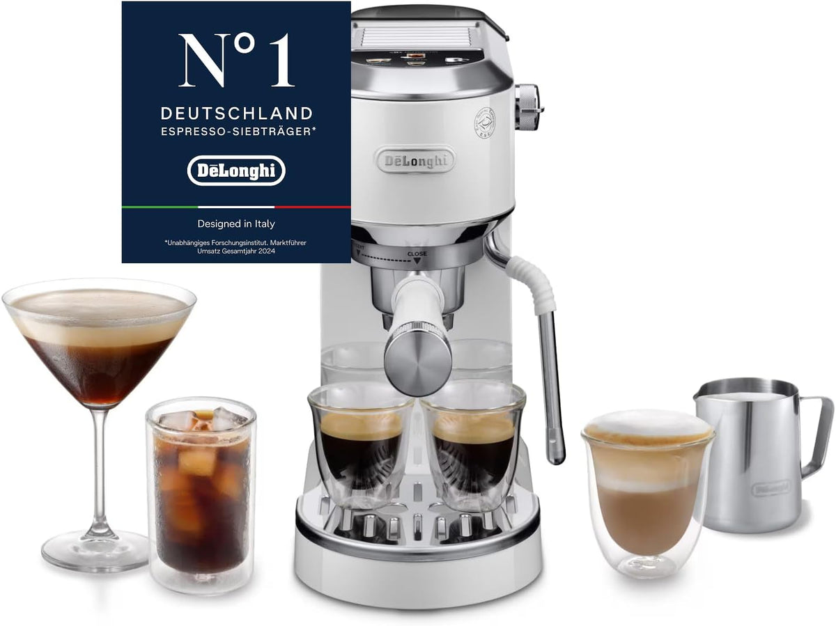De'Longhi Dedica Duo, 15cm breit, Weiß (EC890.WI), manuellem Milchaufschäumer für Espresso, Cappuccino und Cold Brew