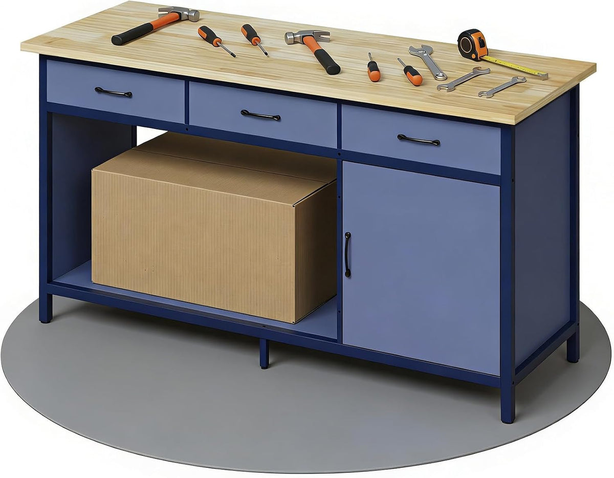 Jummico Werkbank bis 500 kg Belastbar 3 gleitfähige Schubladen 1 Offener Stauraum 25 mm Holzplatte Werktisch 160 x 60 x 85 cm