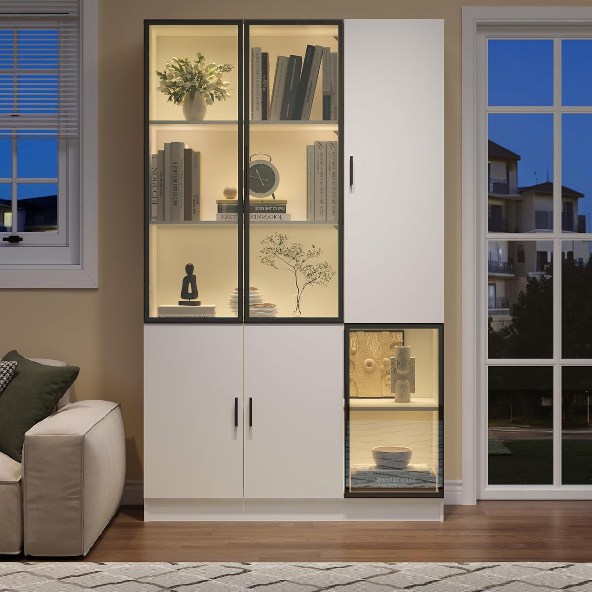 Glas Vitrine, 120x35x200cm, Bücherregal Hochschrank mit LED, Standregal mit Glastür, Hoch Küchenschrank mit Stauraum Lagerregal, Glasvitrine
