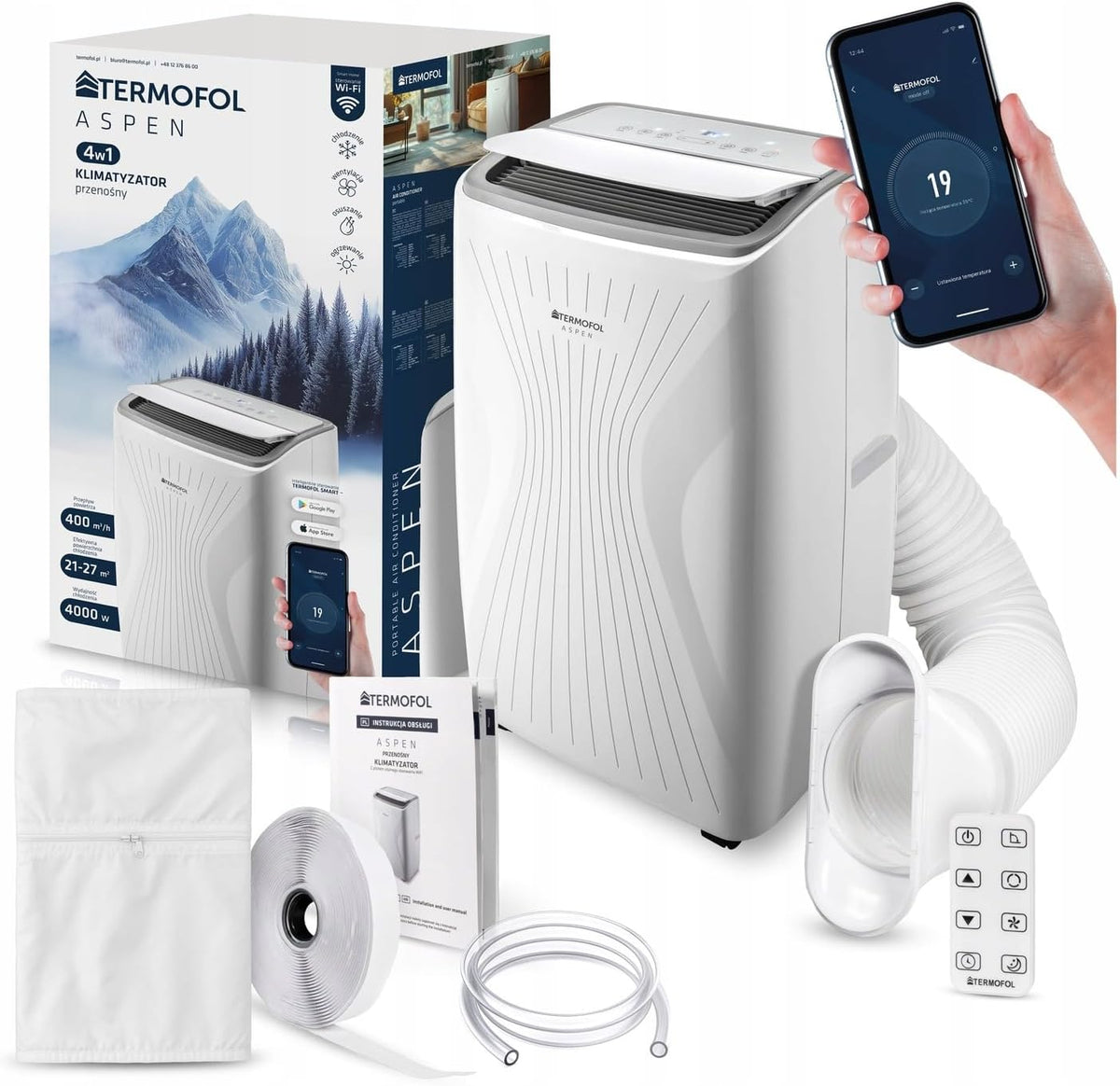 Termofol Mobile Klimaanlage ASPEN 4000W, 4in1: Klimatisierung, Ventilator, Luftentfeuchter, Heizung, WLAN Fernsteuerung, modernes Design, weiß