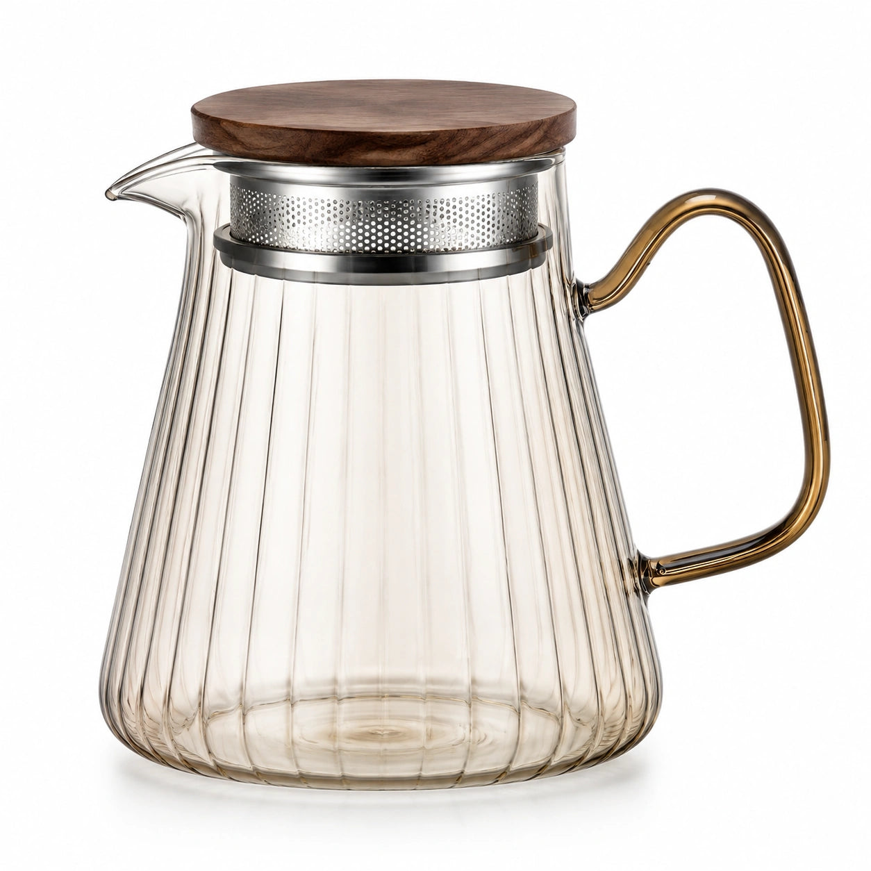 Glas Teekanne 1.20 L transparent mit Edelstahlfilter Holzdeckel gerippt