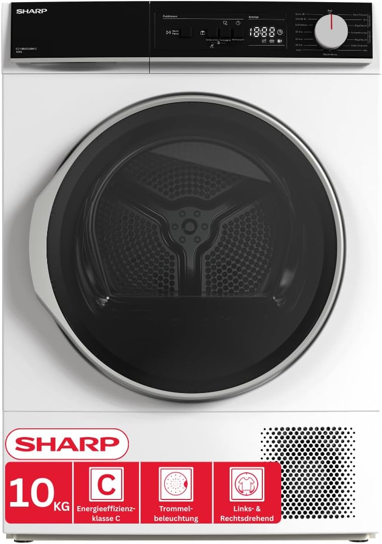 SHARP KD-NHA0S6GW1C-DE Wärmepumpentrockner (10 kg, Edelstahltrommel mit LED-Beleuchtung), EEK C), (15 Trockenprogramme, 20 Min. Kurzprogramm, Weiß