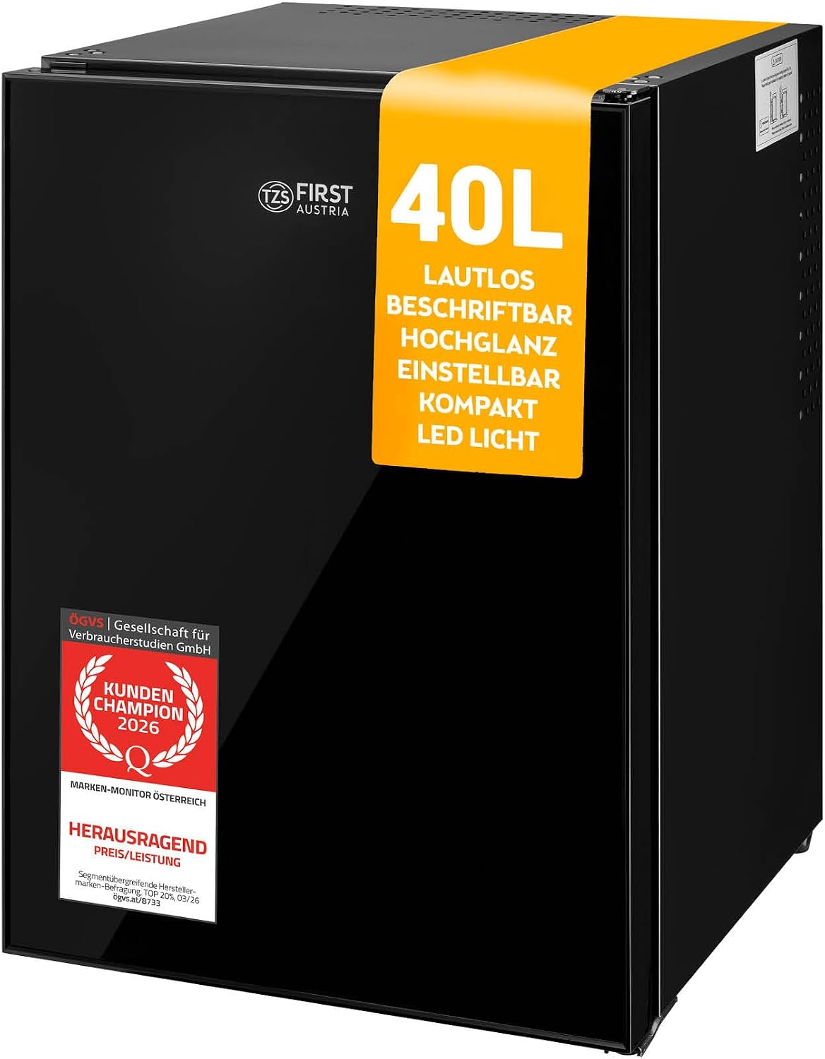 TZS First Austria, Mini Kühlschrank 40L lautlos, Glasfront