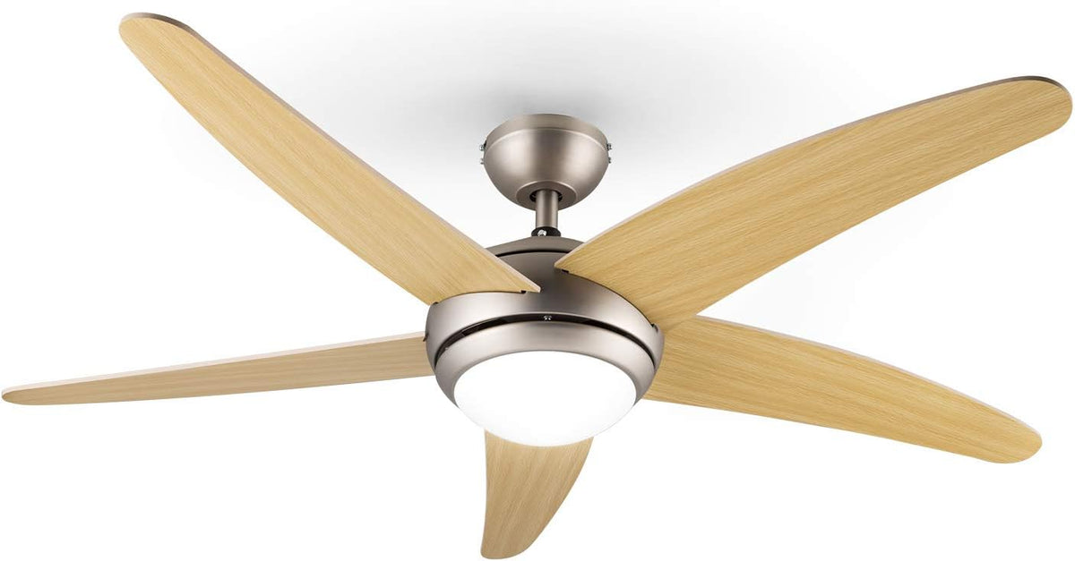Klarstein Bolero, 2-in-1-Deckenventilator 134cm durchmessender Ventilator, Leuchte 55W Leistung, 50 dB, Holzflügel, Fernbedienung, mittel, langsam