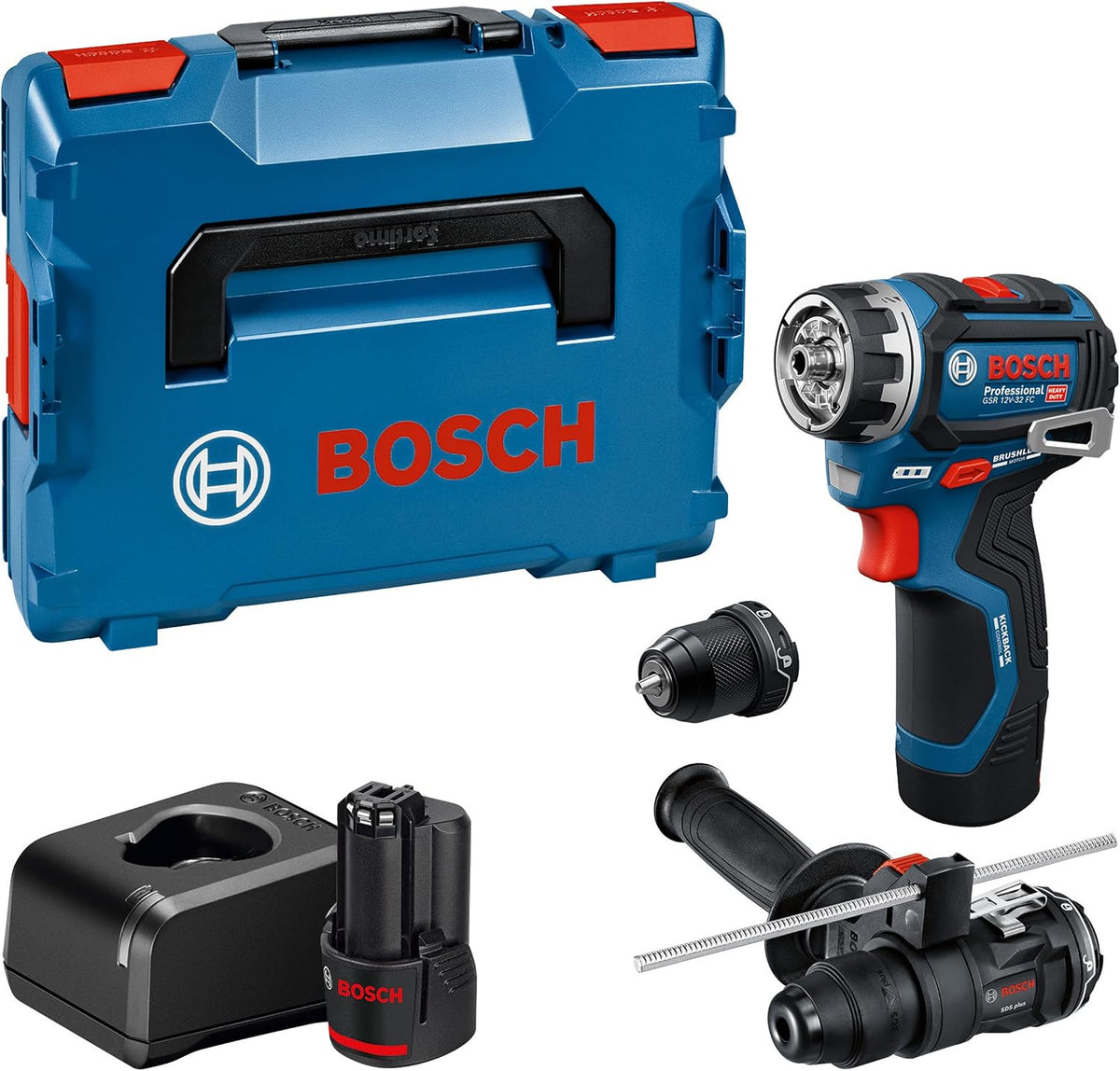 Bosch PRO 12V System Akku-Bohrschrauber GSR12V-32FC (inkl. 2,0 Ah, GAL 12V-20, GFA 12-M, GFA 12-H, Zusatzhandgriff, Tiefenmesser, L-BOXX)