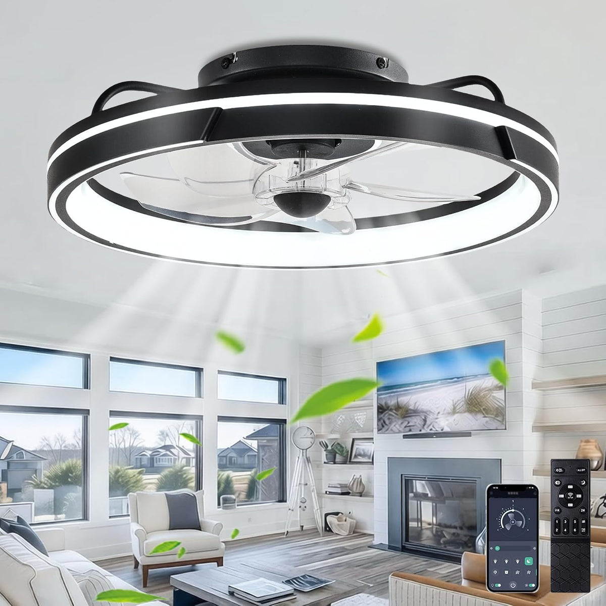 Leise Deckenventilator mit Beleuchtung, 50cm Moderne Lampe mit Ventilator für Wohnzimmer Schlafzimmer Schwarz, 6-Gang, Fernbedienung und APP, Timer