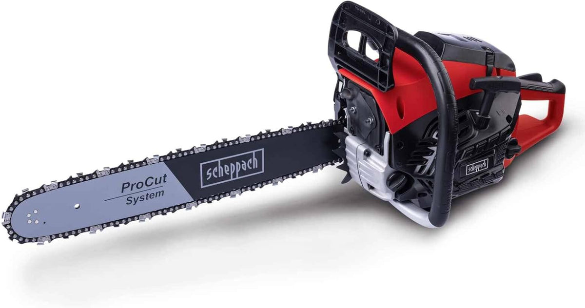 Scheppach Benzin Kettensäge PCS46 mit 45cm Schwertlänge & Easy Start, 22 m/s Schnittgeschwindigkeit, 2 Takt Motor, 2,4PS Leistung, 43cmØ Schnittstärke