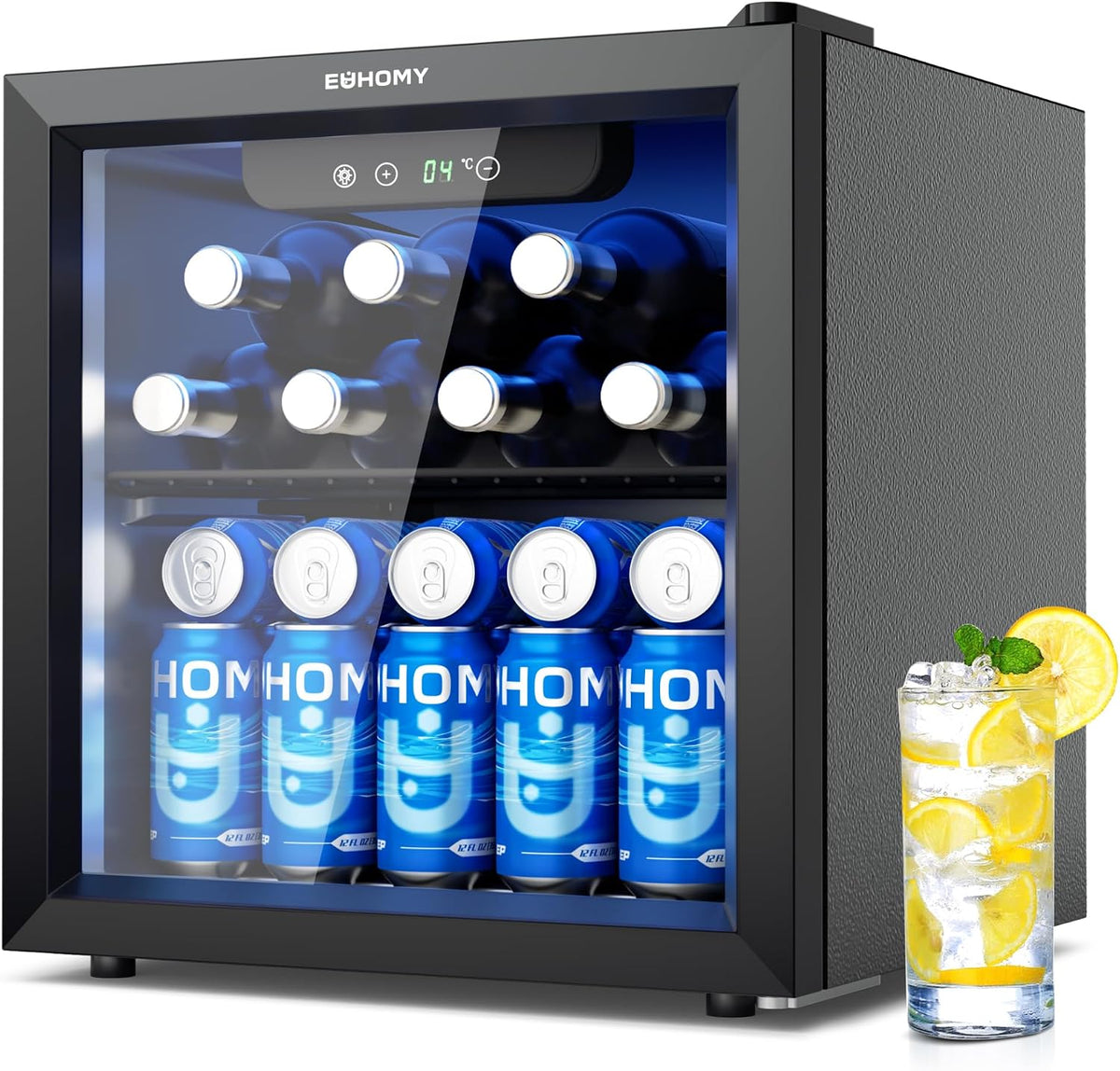 EUHOMY Getränkekühlschrank 36L mit Glastür, 48 Dosen, LED, Schwarz