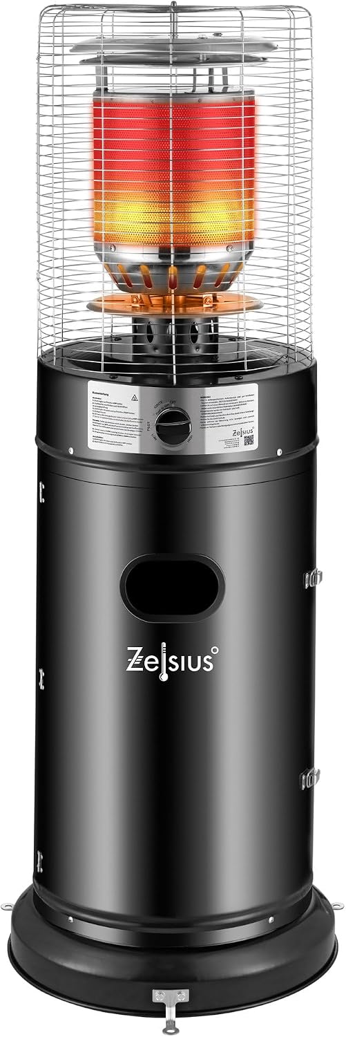 Zelsius Zermatt Gas-Heizstrahler für Terrasse und Garten, für 5- und 11-kg-Gasflaschen, mit Sicherheitsabschaltung, Schwarz