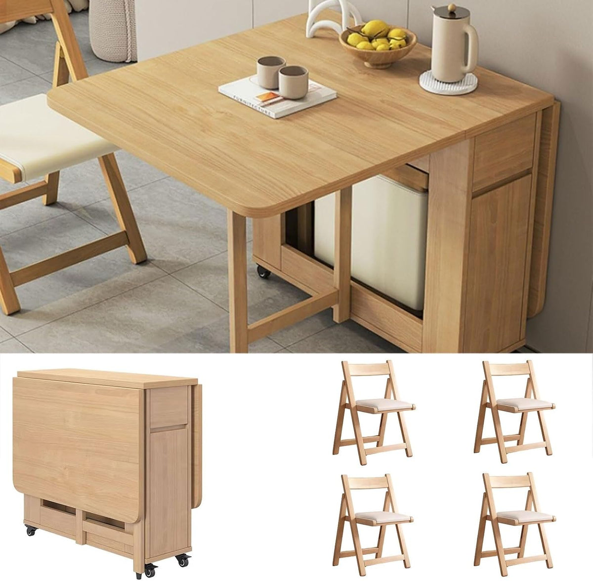 Zusammenklappbares Esstisch-Set, ausziehbarer Esstisch aus Holz mit Stauraum und Rollen, Küchentische für kompakte Wohnung, platzsparend, faltbar