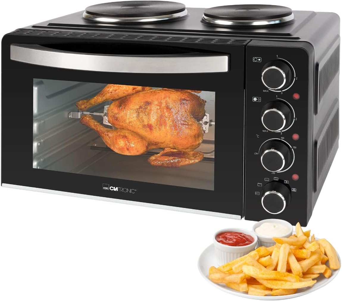 Clatronic Mini-Backofen mit Kochplatten und Drehspieß, Minibackofen 28L Umluft Ober-/Unterhitze 100°-230°C, gleichzeitig kochen u. backen, KK 3786