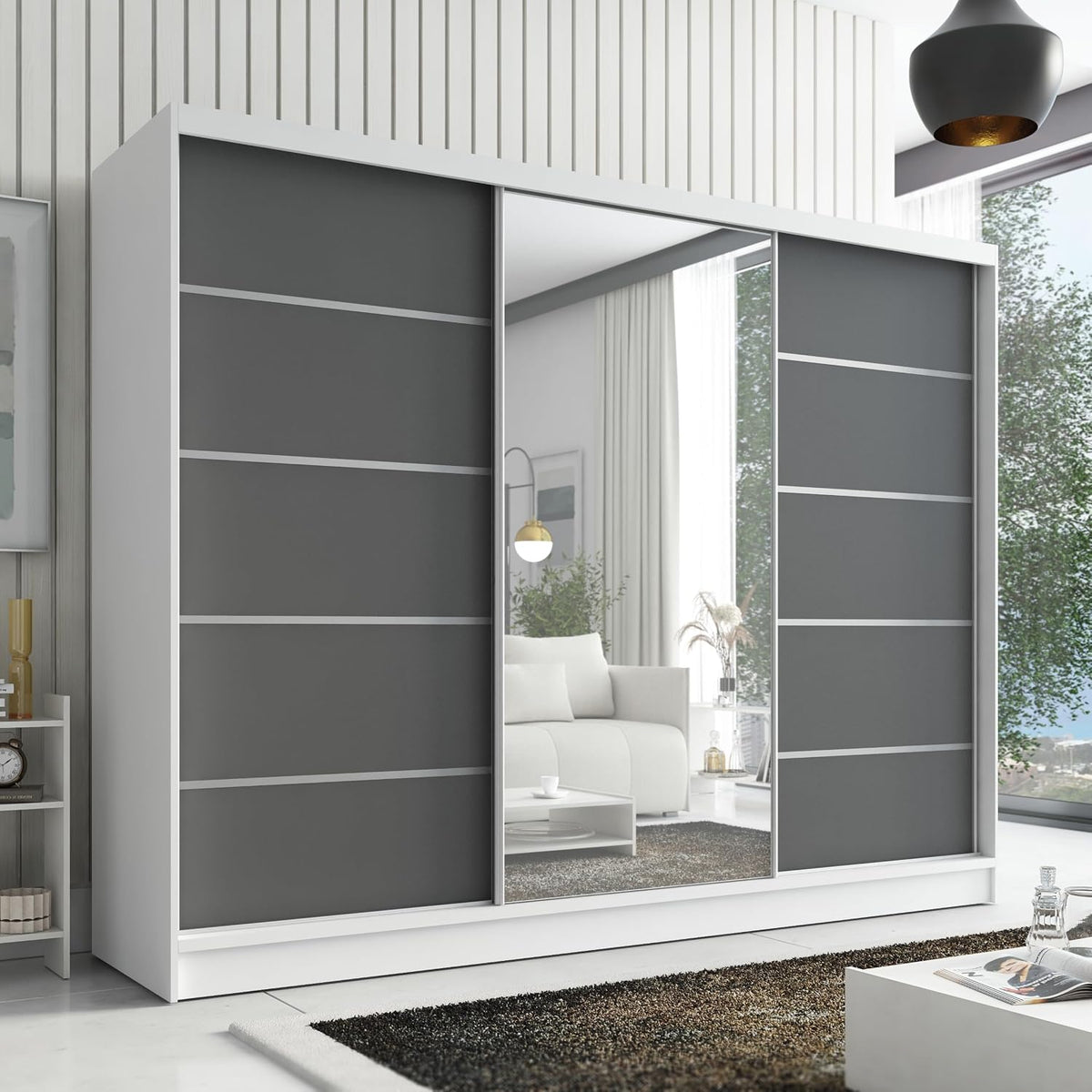 A&J MöbelLand Kleiderschrank Aurelia 1, Schwebetürenschrank 200 cm breit mit Spiegel, 3-türig, Kleiderschrank mit Schubladen