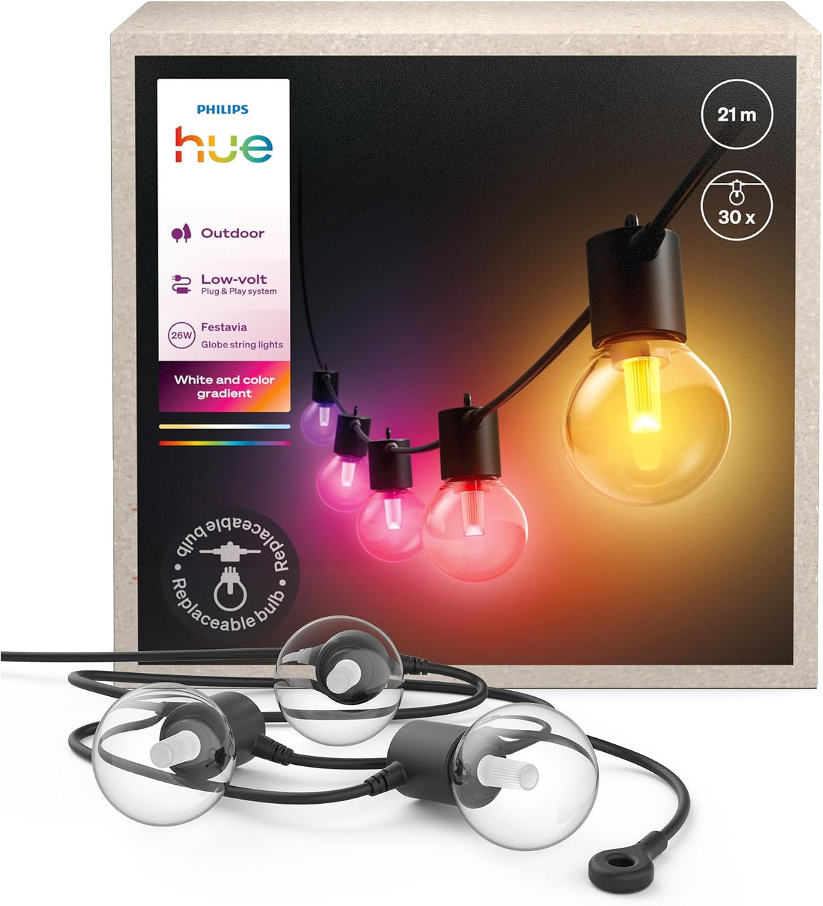 Philips Hue Festavia Globe Außenlichterkette, 21m, 30 Lampenkugeln
