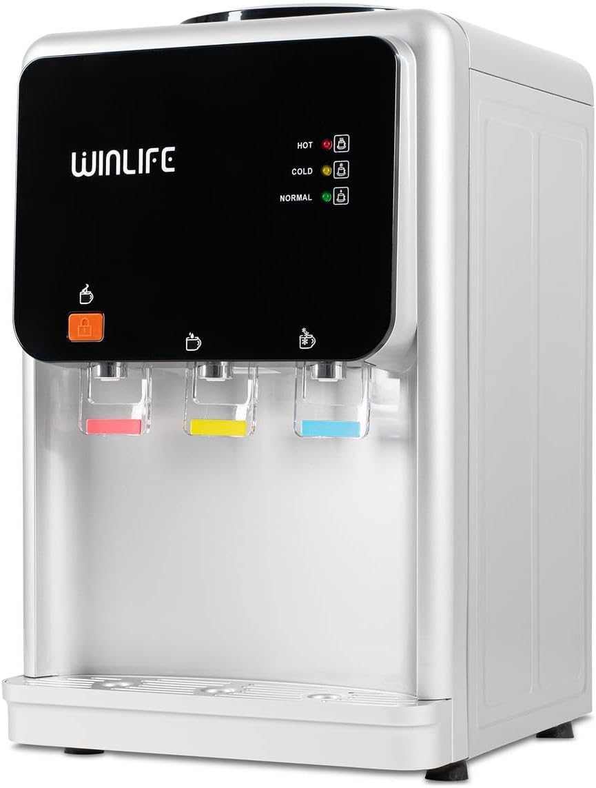 WINLIFE Elektrischer Wasserspender Mini Silber mit Kindersicherung Knopf, heiße & kalte Getränke 5 bis 20 Liter, 3 Temperaturstufen