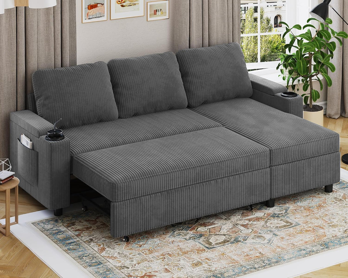 Devoko Ecksofa mit Schlaffunktion und Bettkasten L-Form Sofa 3-Sitzer Ausziehbares Schlafsofa Leinen Couch Kleines Schlafcouch für Wohnung