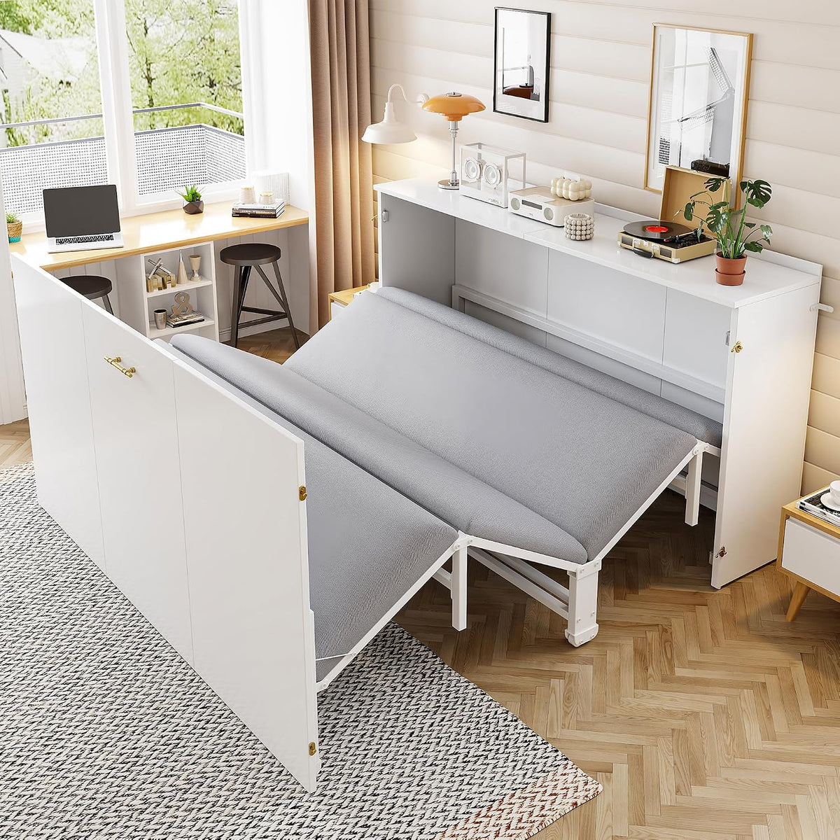 Schrankbett 140x200cm, Klappbares Doppelbett mit Matratze und Lattenrost, Wandbett Klappbett mit Schrank, Weiß