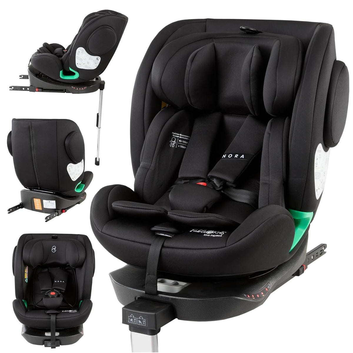 FableKids NORA Kindersitz Schwarz, Reboarder mit Isofix, 360° drehbar