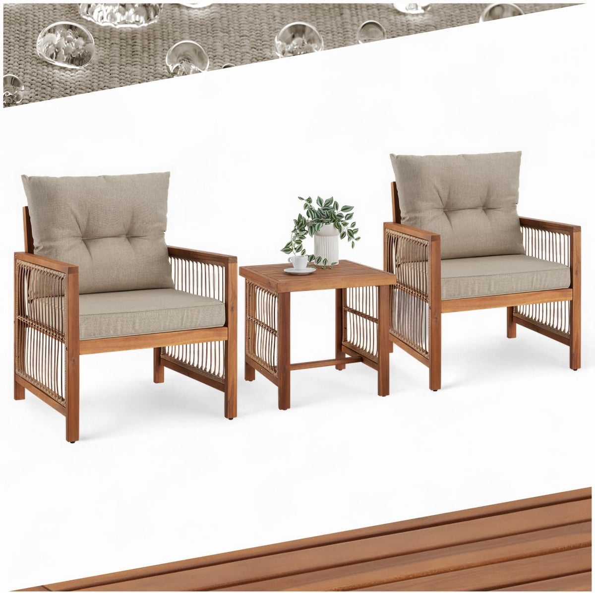 tectake Lounge Set, Balkonmöbel Bistrotisch Set mit 2X Gartenstuhl Holz und Balkon Tisch, Balkonmöbel Set mit XXL Polsterung, Garten Lounge