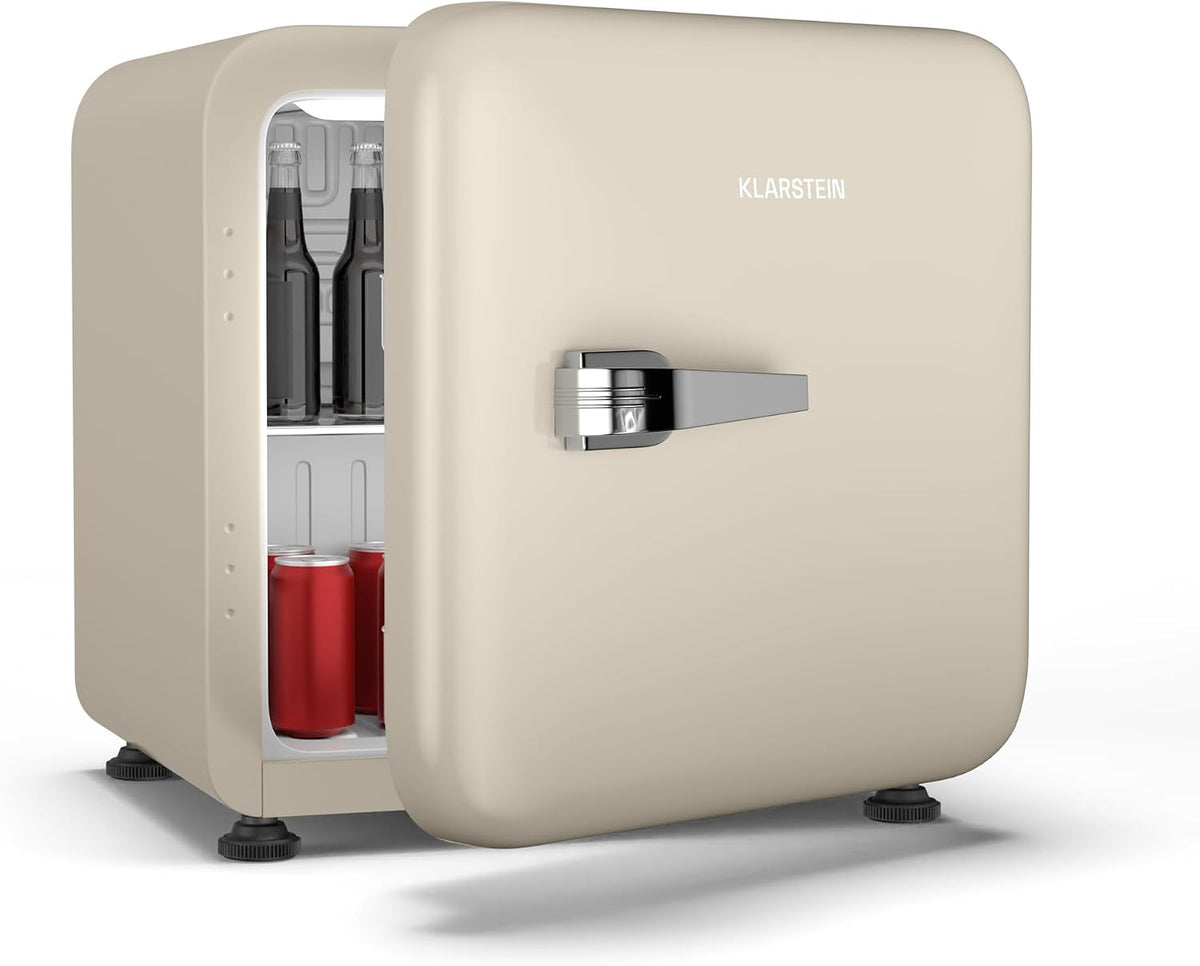 Klarstein Audrey Evo 43L Mini Kühlschrank, Leise 40 dB, Kühlschrank Klein für Schlafzimmer und Büros, Retro-Design, Verstellbare Füße, Wendetür, Creme