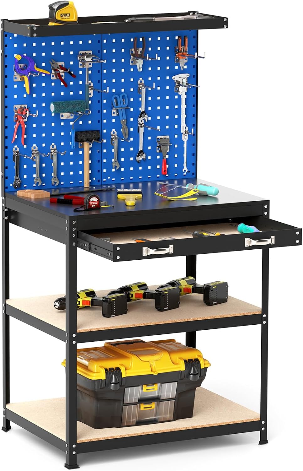 COSTWAY Werkbank 81 x 41 cm, Werkstatt (81x41x156 cm, 225 kg Tragkraft Arbeitstisch mit Lochwand & Schubladen & regalen & 20 Hängehaken, Garage, Blau)