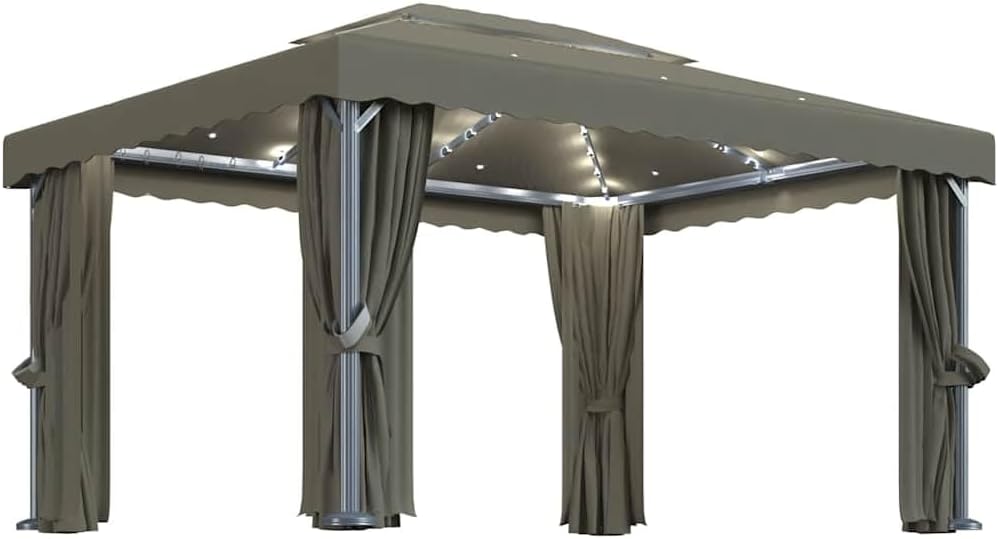 vidaXL Pavillon mit Vorhängen & LED-Lichterkette 4x3 m Taupe