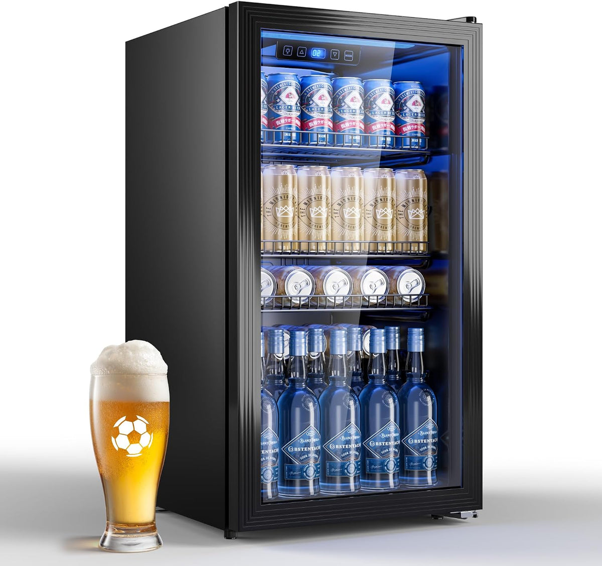 TRIUMPHKEY 90L Mini-Kühlschrank mit Glasfront (Glastür), Kompakter Getränkekühlschrank für bis zu 128 Dosen, mit verstellbaren Regalen für Bier, Wein